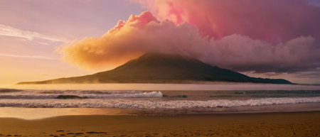 a beautiful beach with surfaces in the distance, a large mountain on one sideの素材