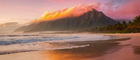 a beautiful beach with surfaces in the distance, a large mountain on one sideの素材