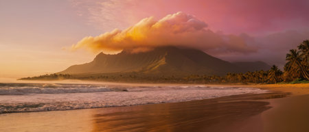 a beautiful beach with surfaces in the distance, a large mountain on one sideの素材