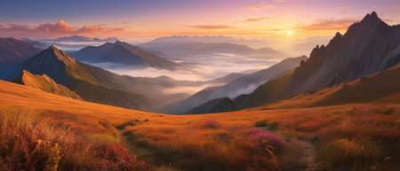mountain lanscape. golden hour view of mountainの素材