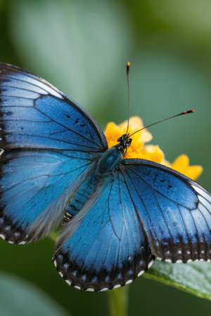 Closeup of a blue morpho butterfly with wings spread wide, perched on a green leaf in a natural setting. Macro photography of a beautiful, vibrant butterfly in nature.の素材