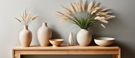 minimalist wooden shelf against a plain white wallの素材