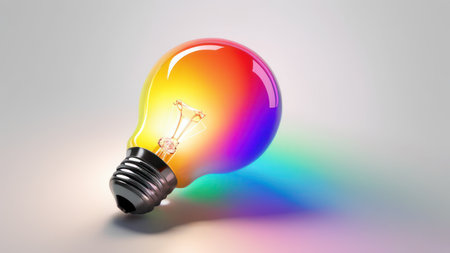 Rainbow gradient light bulb on a smooth white background.の素材
