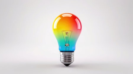 Rainbow gradient light bulb on a smooth white background.の素材