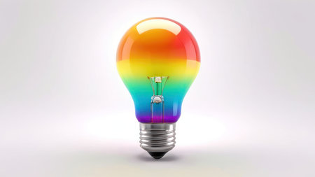 Rainbow gradient light bulb on a smooth white background.の素材