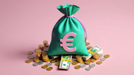 Money concept. money bag, coins stack and banknotes. 3d isometric designの素材