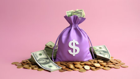 Money concept. money bag, coins stack and banknotes. 3d isometric designの素材