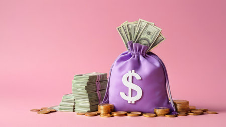 Money concept. money bag, coins stack and banknotes. 3d isometric designの素材