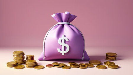 Money concept. money bag, coins stack and banknotes. 3d isometric designの素材