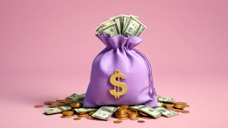 Money concept. money bag, coins stack and banknotes. 3d isometric designの素材