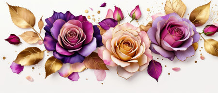 Pink, purple, gold roses and rose petals on white background with copy space for textの素材