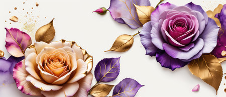 Pink, purple, gold roses and rose petals on white background with copy space for textの素材