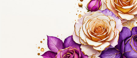 Pink, purple, gold roses and rose petals on white background with copy space for textの素材