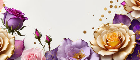 Pink, purple, gold roses and rose petals on white background with copy space for textの素材
