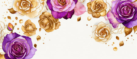 Pink, purple, gold roses and rose petals on white background with copy space for textの素材