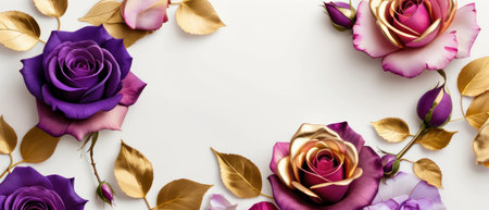 Pink, purple, gold roses and rose petals on white background with copy space for textの素材