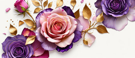 Pink, purple, gold roses and rose petals on white background with copy space for textの素材