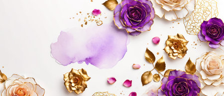 Pink, purple, gold roses and rose petals on white background with copy space for textの素材