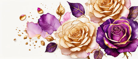 Pink, purple, gold roses and rose petals on white background with copy space for textの素材