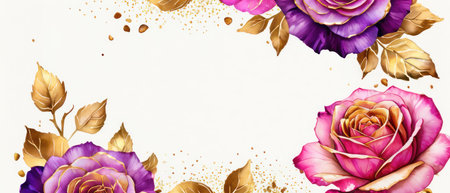Pink, purple, gold roses and rose petals on white background with copy space for textの素材
