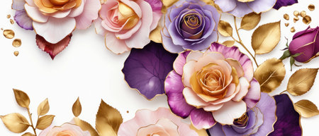 Pink, purple, gold roses and rose petals on white background with copy space for textの素材