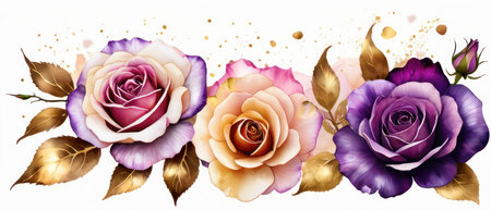 Pink, purple, gold roses and rose petals on white background with copy space for textの素材