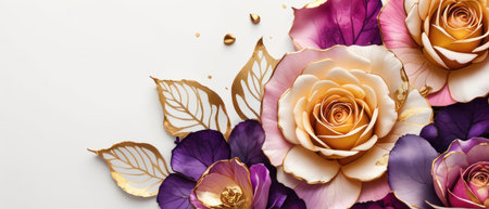 Pink, purple, gold roses and rose petals on white background with copy space for textの素材