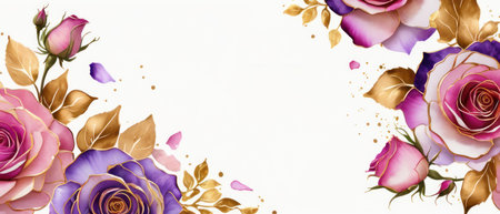 Pink, purple, gold roses and rose petals on white background with copy space for textの素材