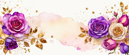 Pink, purple, gold roses and rose petals on white background with copy space for textの素材