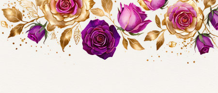 Pink, purple, gold roses and rose petals on white background with copy space for textの素材