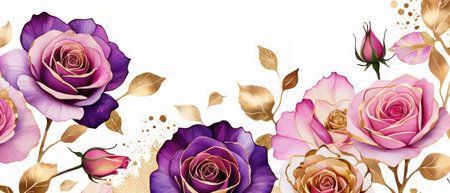 Pink, purple, gold roses and rose petals on white background with copy space for textの素材