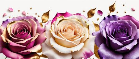 Pink, purple, gold roses and rose petals on white background with copy space for textの素材
