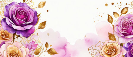 Pink, purple, gold roses and rose petals on white background with copy space for textの素材