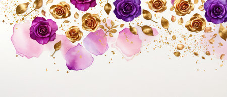 Pink, purple, gold roses and rose petals on white background with copy space for textの素材