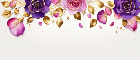 Pink, purple, gold roses and rose petals on white background with copy space for textの素材