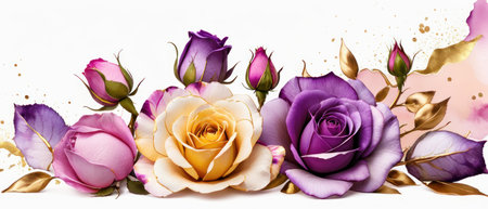 Pink, purple, gold roses and rose petals on white background with copy space for textの素材