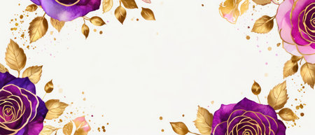 Pink, purple, gold roses and rose petals on white background with copy space for textの素材