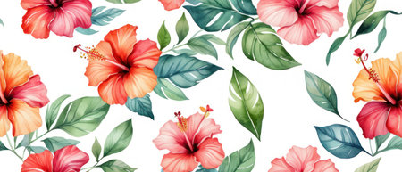 Beautiful artistic background with watercolor textured hibiscus tropical flowers illustration over white background. Copy space. Summer templateの素材