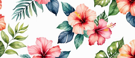 Beautiful artistic background with watercolor textured hibiscus tropical flowers illustration over white background. Copy space. Summer templateの素材