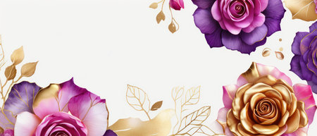 Pink, purple, gold roses and rose petals on white background with copy space for textの素材