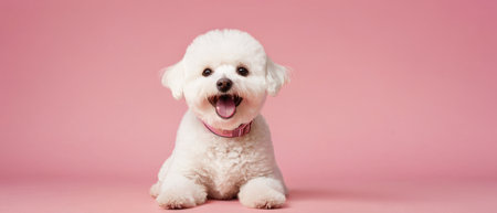 cute joyful Bichon Frise pet dog animal banner with copy space on pink flat backgroundの素材