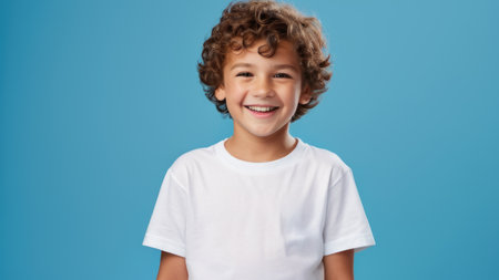 Portrait of smiling little boy in white t-shirt on blue backgroundの素材