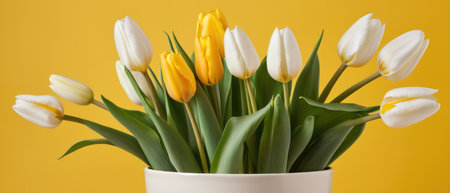 yellow and white tulips on yellow background with space for textの素材