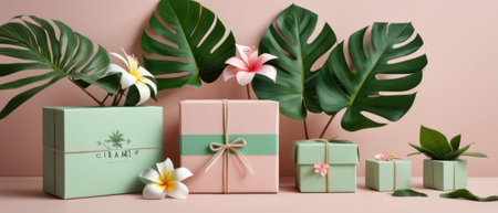 3d render, green gift box, tropical leaves, frangipani flowers on pastel backgroundの素材