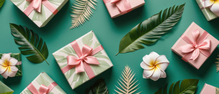 Flat lay composition with gift boxes and tropical leaves on green backgroundの素材