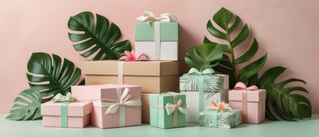 Gift boxes and monstera leaves on pastel pink background.の素材