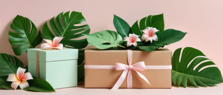 Gift boxes with tropical flowers and leaves on pastel pink background.の素材