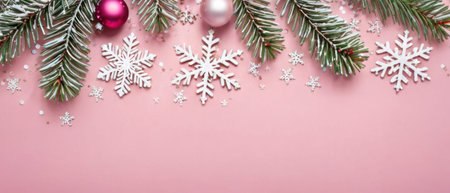 Christmas and New Year greeting card. Festive decoration on pink background. Copy space.  Flat lay. Top view.の素材