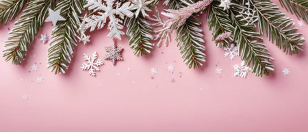 Christmas greeting card. Festive decoration on wooden background. New Year concept. Copy space.  Flat lay. Top view.の素材