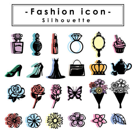 Fashion icon silhouettes, perfume bottles, lipsticks, rings, hand mirrors, cakes, high heels, dresses, handbags, crowns, teapots, roses, butterflies, bouquets,のイラスト素材